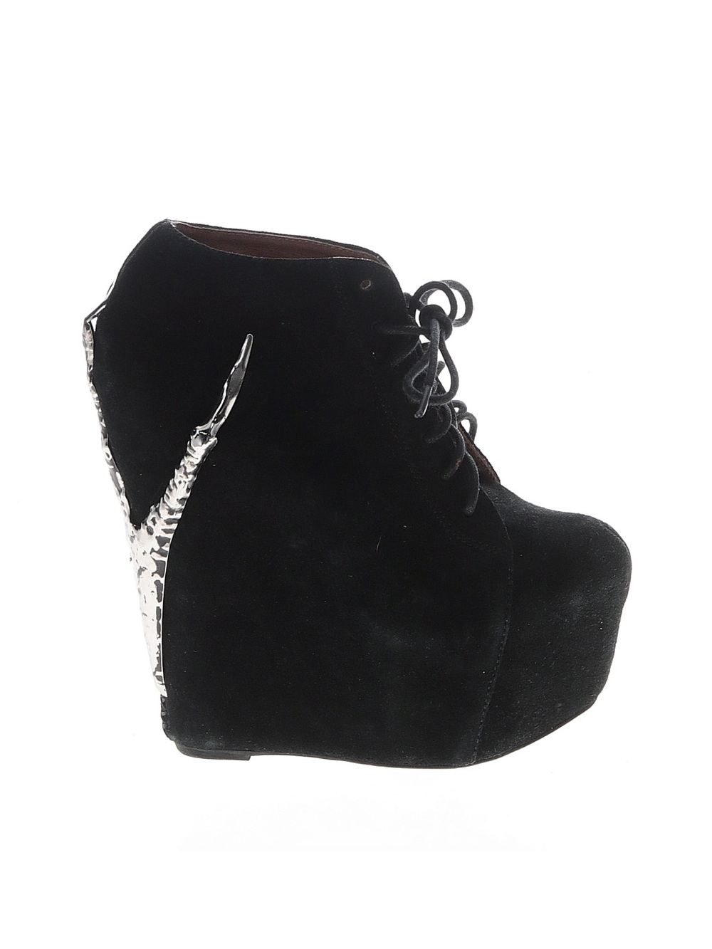 Black Suede Lace-Up Wedge Boot with Silver Sculpted Heel